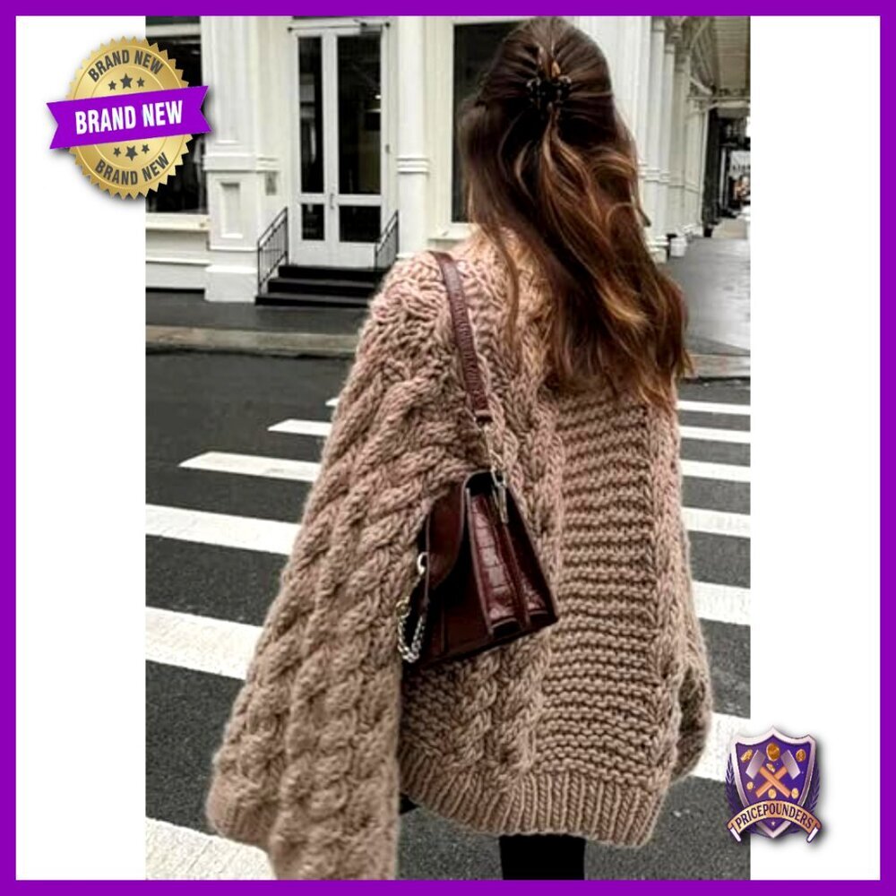 Oversized Chunky Cable Knit Sweater Loose Crewneck Pullover Y2K - Picture 3 of 7